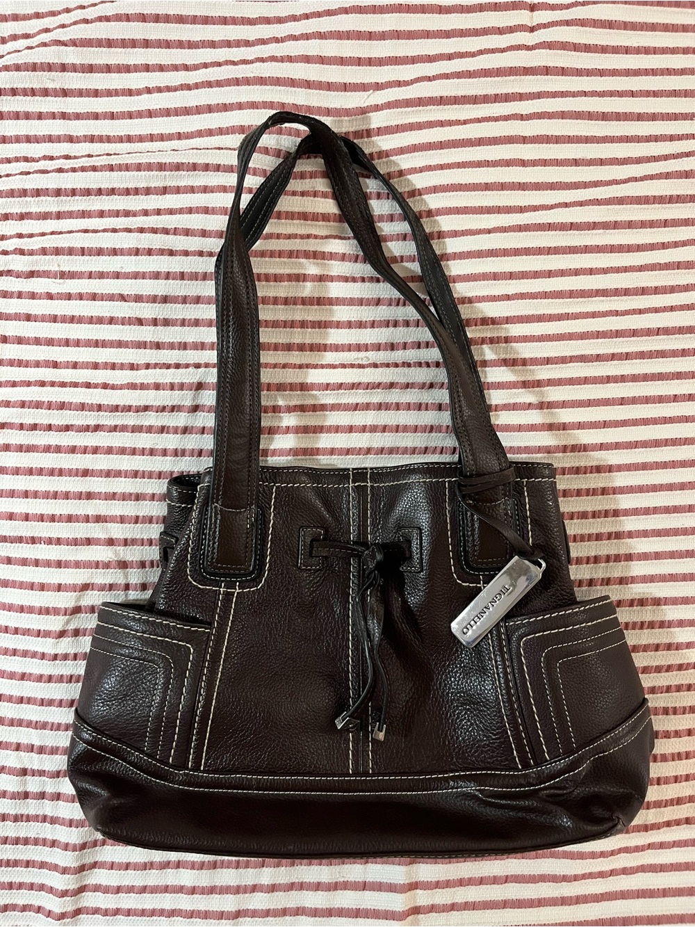 Stitch-Detail Dark Brown Leather Shoulder Bag